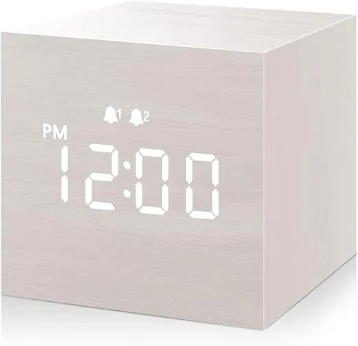 JALL Digital Alarm Clock, with Wooden Electronic LED Time Display, 3 Alarm, 2.5-inch Cubic Small Mini Wood Made Electric Clocks for Bedroom, Bedside, Desk, White