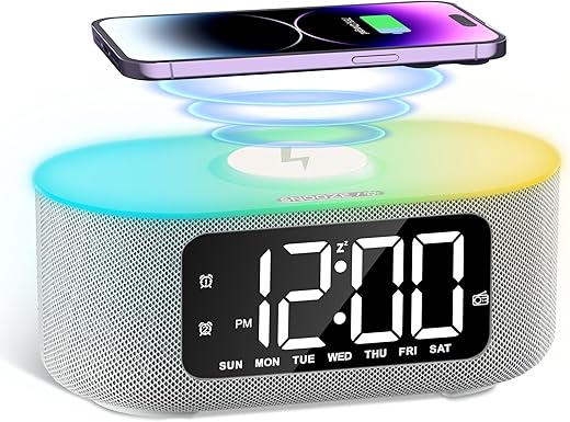 JALL Fabric Alarm Clock for Bedroom, with Big Led Screen Display, Bluetooth Stereo Sound Speaker, FM Radio, Fast Wireless Charging, USB Charging Port, Nightlight, White Noise, Ideal for Gift, Gray