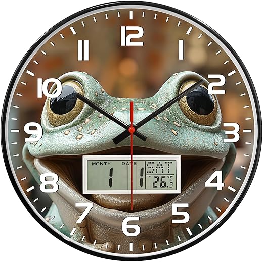 JENLYSTIME 12 inch Wall Clock, Cheerful Frog of Cute Dial with LCD Display for Date,Week and Temperature,Analog,Non-Ticking Silent Battery Operated Quartz,Decor for Bedroom,Living Room,Office etc