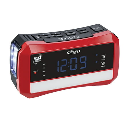 JENSEN Digital AM/FM Weather Alarm Clock Radio with Weather Alert, Emergency Light, and Flashlight, Red, JEP-775, JEP-775