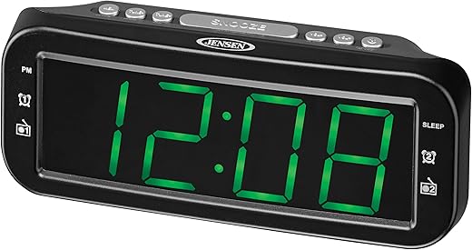 JENSEN JCR-206 Digital AM/FM Dual Alarm Clock Radio, Simple, Sleek Design with Large 1.8” Green LED Display, Aux Input, and Built-in Speaker