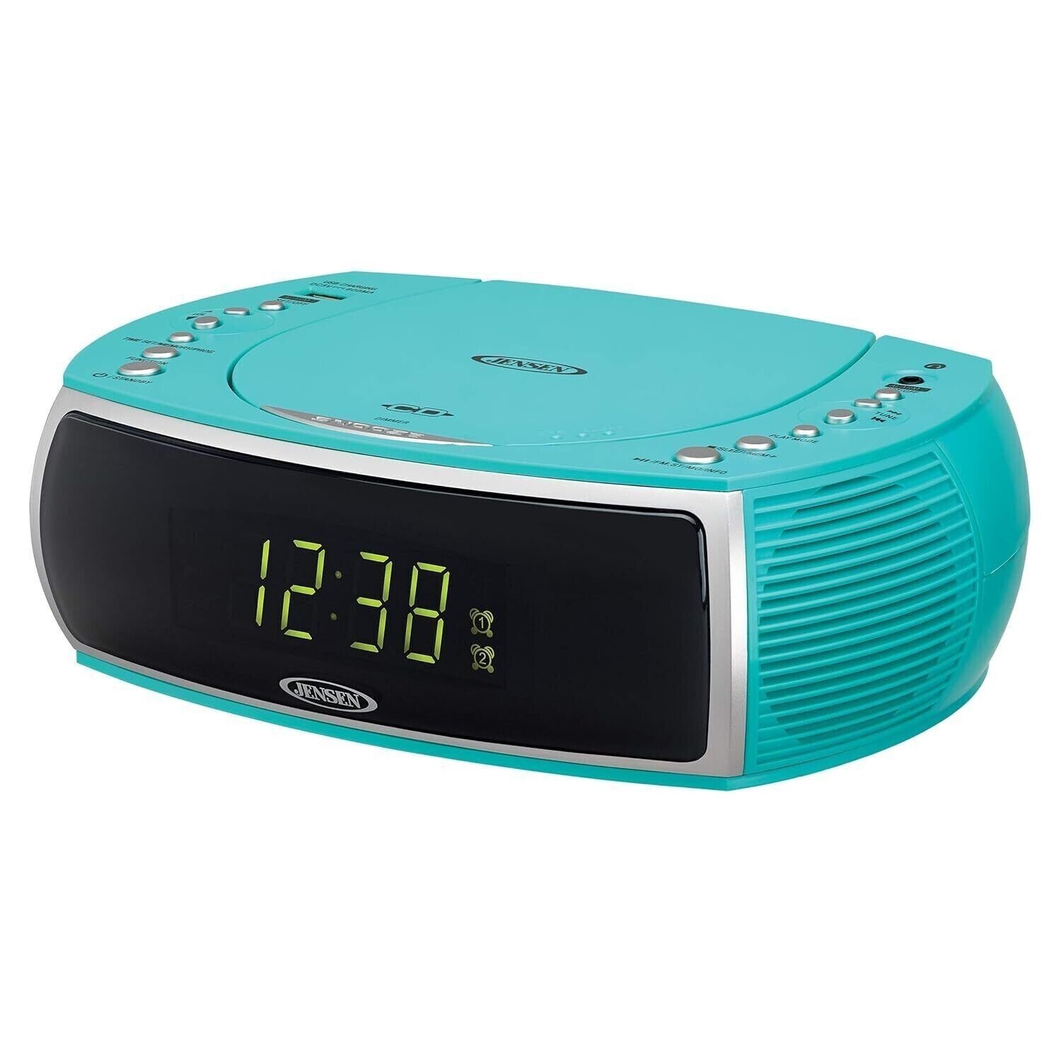 Jensen Turquoise Modern Home CD Tabletop Stereo Clock Digital AM/FM Radio CD