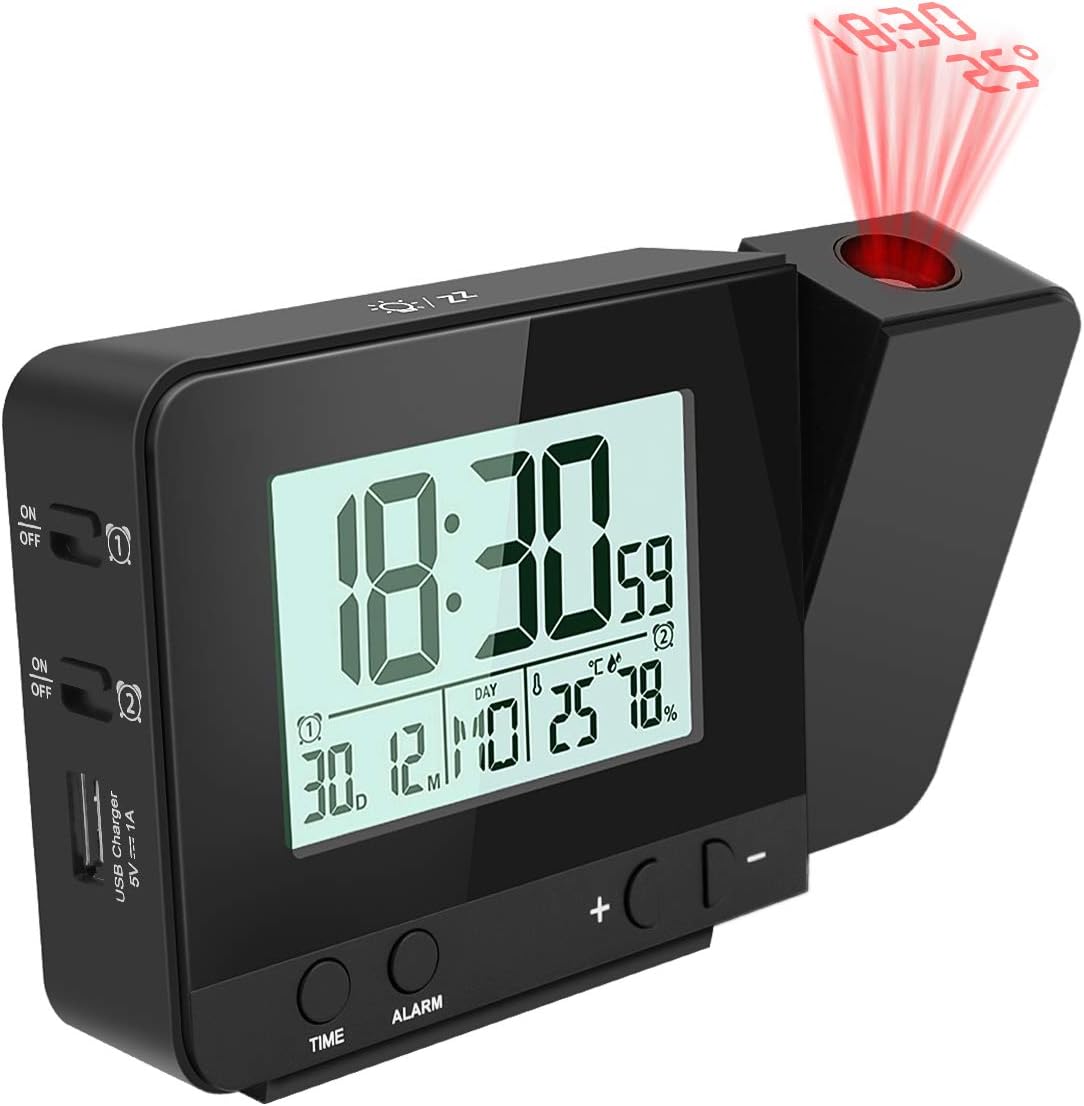 Jhua Digital Projection Alarm Clock Dimmable Alarm Clock with Indoor Temperature Hygrometer, USB Charger, LCD Display Dual Alarm Clocks for Bedrooms Ceiling Wall, DC & Battery Operated, Black