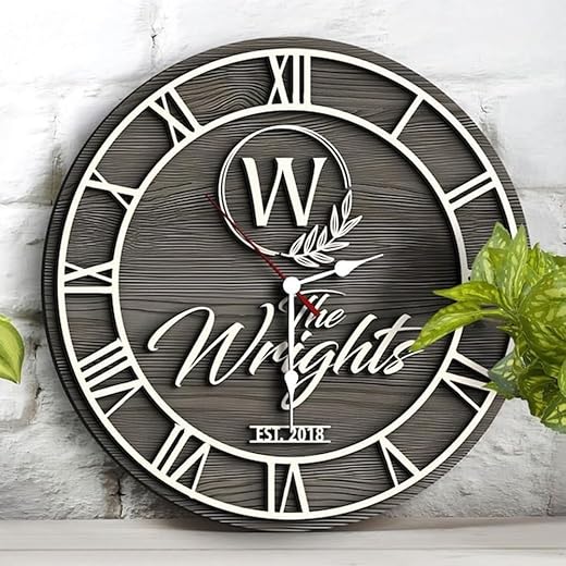 JINMA Personalized Vintage Wooden Texture Wall Clock- Custom Name Letter Round Clock, Customized Family Clock for Kitchen Living Room Bathroom Christmas Housewarming Gifts (Wall Clock A)