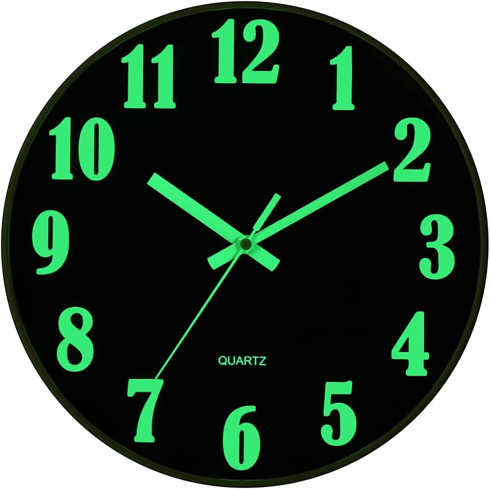 JoFomp Glow in The Dark Clock, 12 Inch Modern Silent Non Ticking Wall Clocks Battery Operated, Night Light Wall Clock for Living Room Decor, Wall Clock Decorative for Kitchen Bedroom