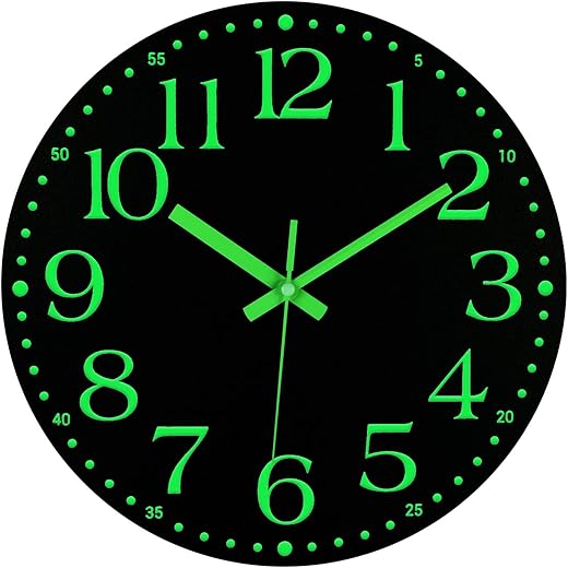 JoFomp Wooden Glow in The Dark Clock, 10 inch Silent Non-Ticking Battery Operated Clock, Energy-Absorbing Luminous Numerals and Hands, Lighted Wall Clock Decoration for Bedroom Living Room