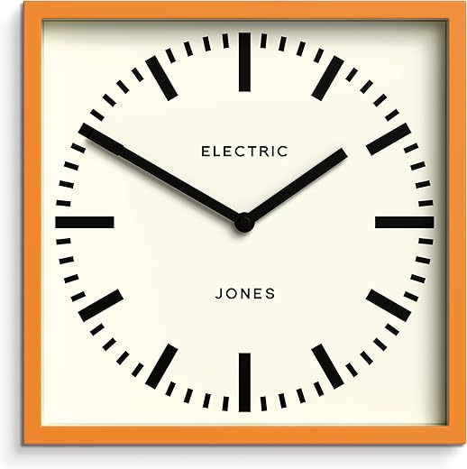 JONES CLOCKS® Box Railway Wall Clock | Square Station Clock | 10 inch | Orange | Cool Designer Look for Kitchen, Living Room or Office