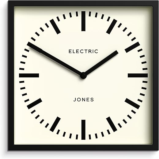 JONES CLOCKS Box Wall Clock - Square Station Dial - Kitchen Office Décor - 9.8 x 9.8in - Black