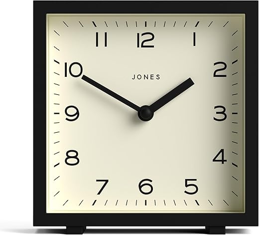 JONES CLOCKS® 'Disco' Desk Clock – Sleek Square Design in Black, Stylish and Easy to Read for Shelf, Table, Mantel or Bedside