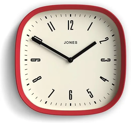 JONES CLOCKS® Marvel Wall Clock | Retro Rounded Square Clock | 10 inch | Red | Cool Designer Look for Kitchen, Living Room or Office