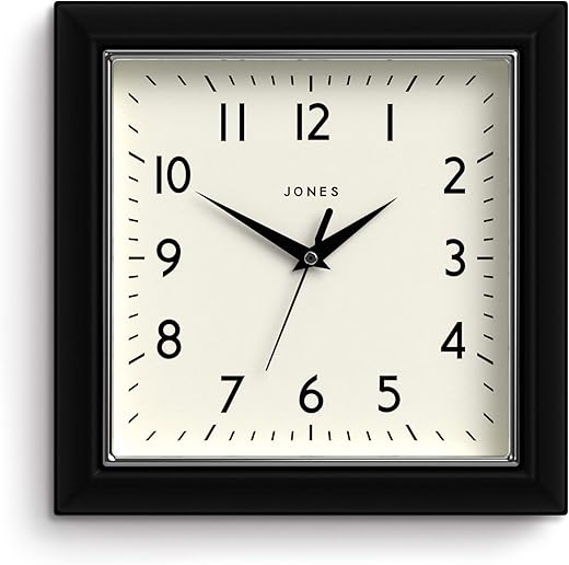 JONES CLOCKS® The Mustard Wall Clock - Analog Wall Clock - Retro Clock - Kitchen Wall Clocks - Easy to Read Dial - Square Wall Clock - British Design - 10in Clock (Black)