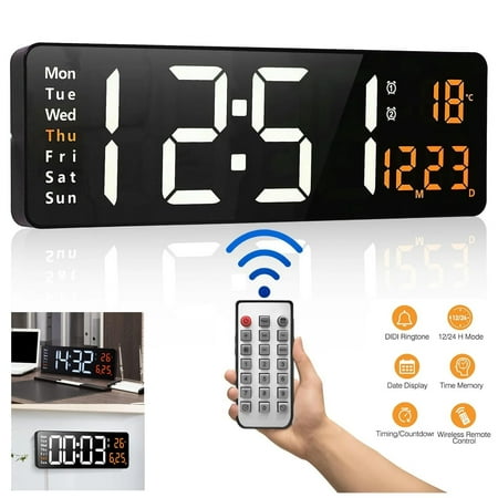 Jowenia Large Electronic Digital Wall Clock Remote Control Temp Date Week Display Power Off Memory Table Clock