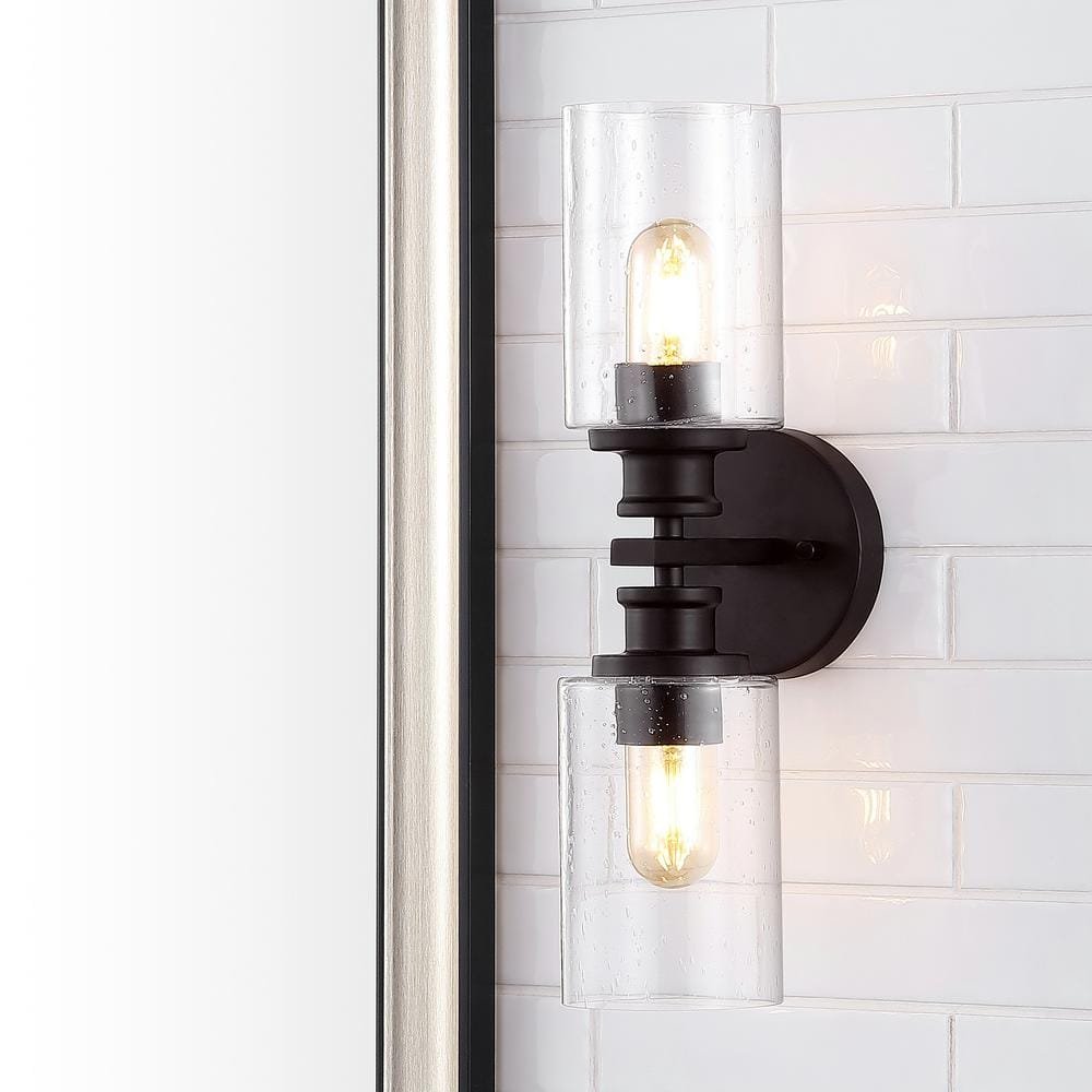 Jules Edison 16.5 in. 2-Light Oil Rubbed Bronze Cylinder Iron/Seeded Glass Farmhouse...