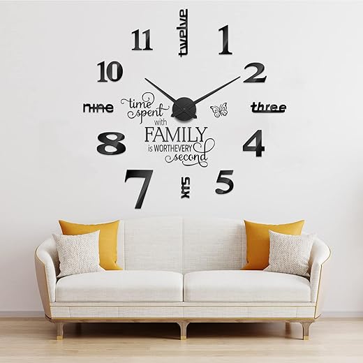 Junkin 3D Large Frameless DIY Wall Clock,Modern Decor Family Quote Wall Stickers Clock kit for Home Living Room Bedroom Office Wall Decorations Adjustable Size (Black)