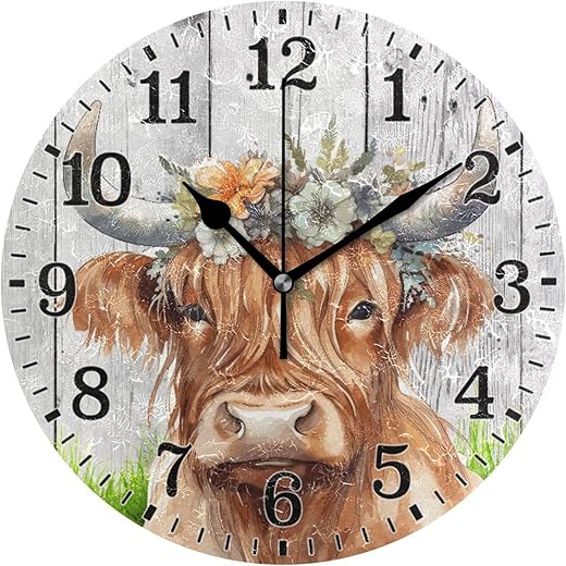 JUNZAN Clock Cute Highland Cow Wearing Flower Crown Watercolor Bathroom Wall Clock for Indoor Decor No Ticking 10 Inch Round Small Clock for Hospital Classroom Home Living Room