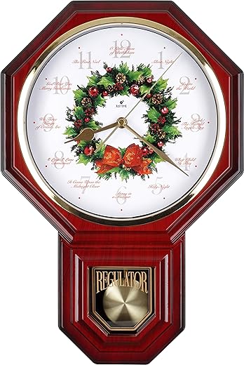 JUSTIME 12 Song of Carols of Christmas Wreath Chiming Wall Clock with Pendulum Melody Wall Clock Christmas Musical Clock Chime Wall Clock in Wall Musical Wall Clock Red Mahogany