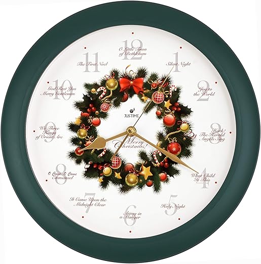 JUSTIME 14-inch 12 Song of Carols of Christmas Wreath Melody Wall Clock Christmas Musical Clock Chime Wall Clock in Wall Christmas Home Decor Wall Deco Round Wall Clock Green