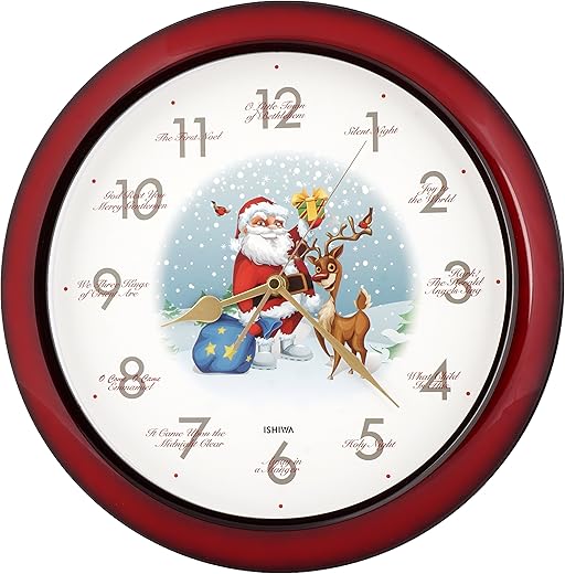 JUSTIME Fabulous 14-inch 12 Song of Carols of Christmas Santa Claus & Reindeer Melody Wall Clock, Quartz Home Wall Deco Clock (SD RED)