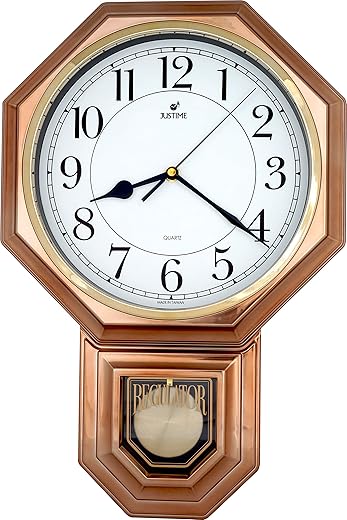 JUSTIME Traditional Schoolhouse Easy to Read Pendulum Plastic Wall Clock Chimes Every Hour with Westminster Melody Made in Taiwan, 4AA Batteries Included (PP0262-WV Vintage Copper)