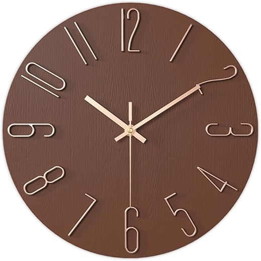 JUSTUP Large Wall Clock, 12 Inch Minimalist Modern Wall Clock for Bedroom, Movement Silent Battery Operated Wall Clock, Big Round Decor Clock for Home Living Room Office (Brown)