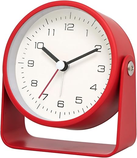 JUSTUP Modern Analog Alarm Clock, 3.5 Inch Minimalist Metal Border Table Alarm Clock, Silent Non Ticking Desk Alarm Clock with Battery Power, Bedside Alarm Clock for Kids Student (Red)