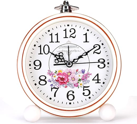 JUSTUP Retro Table Alarm Clock, Nordic White Vintage Metal Analog Alarm Clock, Silent Non Ticking Bedside Alarm Clock with Battery Power, Desk Decor Clock for Bedroom Living Room Kitchen (Flower-E)