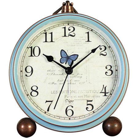 JUSTUP Table Clock, Vintage Non-Ticking Table Desk Alarm Clock Battery Operated with Quartz Movement HD Glass for Bedroom Living Room Office Desk(Butterfly)