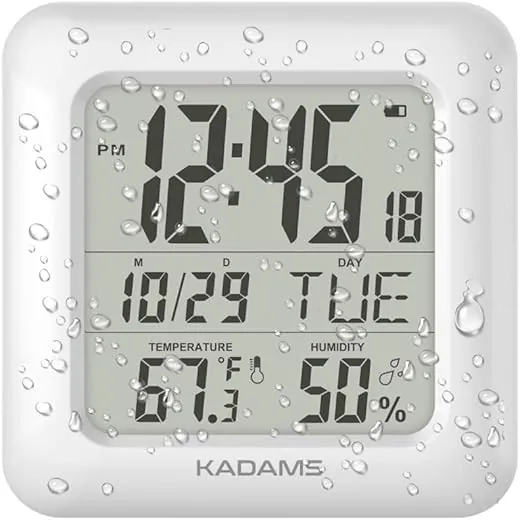 KADAMS Bathroom Clock Wall with Shatterproof LCD Screen – Waterproof Shower Clock Water Resistant with Temperature & Humidity Display Calendar in 7 Languages with 4 Installation Options, White