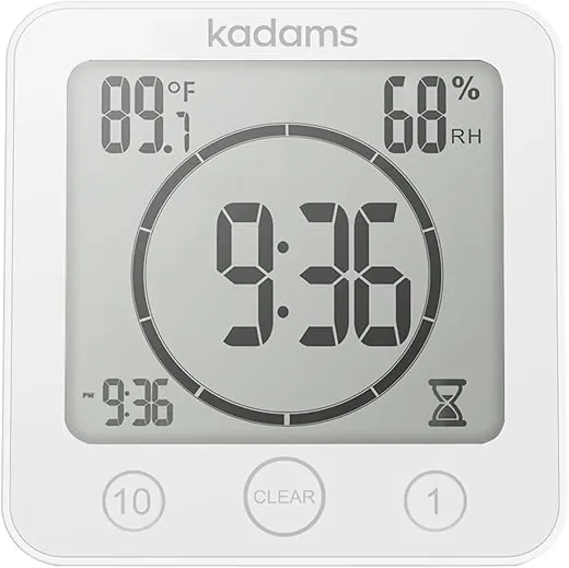 KADAMS Digital Bathroom Shower Kitchen Wall Clock Timer with Alarm, Waterproof for Water Spray, Touch Screen Timer, Temperature Humidity, Suction Cup Hanging Hole Stand - White