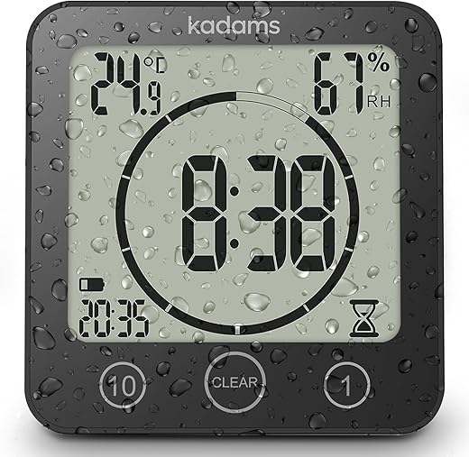 KADAMS Digital Bathroom Shower Kitchen Wall Clock Timer with Alarm, Waterproof for Water Spray, Touch Screen Timer, Temperature Humidity, Suction Cup Hanging Hole Stand - Black