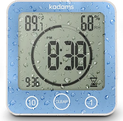 KADAMS Digital Bathroom Shower Kitchen Wall Clock Timer with Alarm, Waterproof for Water Spray, Touch Screen Timer, Temperature Humidity, Suction Cup Hanging Hole Stand - Blue