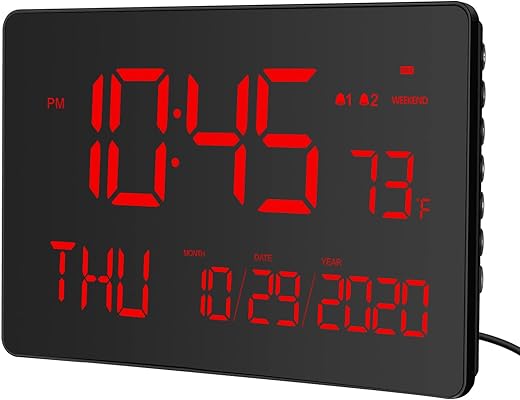 KADAMS Large LED Digital Wall Clock, 10 inches - Dual Alarm Clock - Indoor Temperature - Calendar Display - Adjustable Brightness - Night Display - Dual Mounting Options (Red)