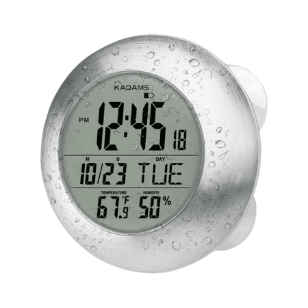 Kadams Waterproof Digital Timer Smart Alarm Clock with Hygrometer, Temperature Features For Kitchen LED Wall Clock Bathroom Shower - Adjustable Mounting, Suction Cup(Silver Round)