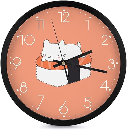 Kawaii Sushi Cat Wall Clocks Silent Non-Ticking Vintage Round Clock Decorative for Home Office