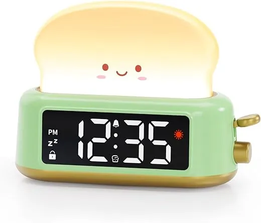 Kids Alarm Clock, Digital Alarm Clock for Bedrooms, Cute Toast Night Light, Timer, Snooze, Adjustable Brightness, Small Bedside Clock for Kids Girls Boys Teens Birthday Room Decor