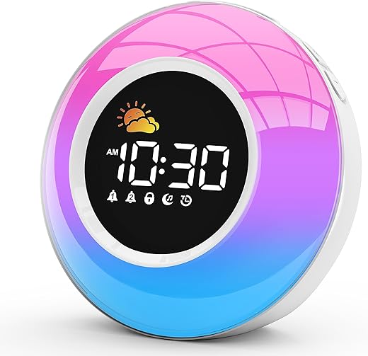 Kids Alarm Clock for Bedrooms, Toddler Sleep Training Clock with Night Light, Sound Machine, Dual Alarm - Dimmable Children Wake Up Clock, Birthday Gift Ideas for 3 4 5 6 7 8 9 10 11 12 Girls Boys