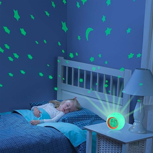 Kids Alarm Clock,Moon Stars Projector 7 Color Night Light, Children Sleep Trainer Alarm Clock, Kids Wake up Light Alarm Clock Aid Digital Alarm Clock for Kids Bedroom Girls Boys School Season Gifts