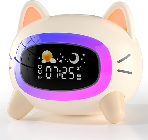 Kids Alarm Clock Ok to Wake Alarm Clock for Kids, Toddlers Night Light Clock for Bedroom, Cat Alarm Clock with Sleep Training and Sound Machine, Birthday Gift for Boy Girls Children