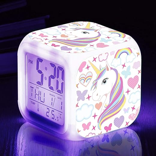 Kids Alarm Clocks, Unicorn Night Light Kids Alarm Clocks with 4 Sided Unicorn Pattern&9 Kinds of LED Glowing Wake Up Bedside Clock Gifts for Unicorn Room Decor for Girls Bedroom