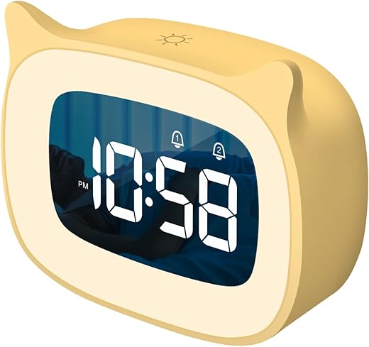 Kids Alarm Clock with Night Light & 18 Ringtones,Rechargeable,Cute Cat Ear Clock for Boys Girls Birthday Presents,Digital Clock for Children's Bedroom(Yellow)