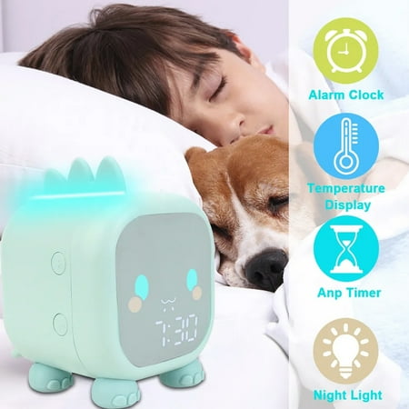 Kids Cute Dinosaur Alarm Clock Children Sleep Trainer Digital Temperature Display Bedside Clock，Green