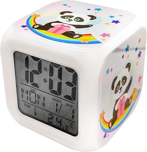 Kids Digital Alarm Clock Colorful for Girls Boys Bedrooms Bedside Night light with 7 Color LED Children's Sleep Trainer Thermometer Night Glowing Cube Cute Panda Bear Design Wake Up Bedside Clock Gift