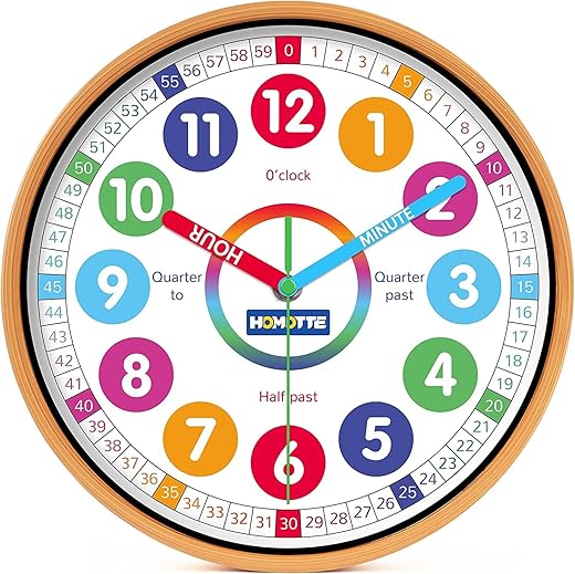 Kids Wall Clock for Bedroom, 10 Inch Round Multi-Colored Learning Clock, Children's Silent Analog Non-Ticking Educational Wall Clock for Boys and Girls Classroom Home Decor