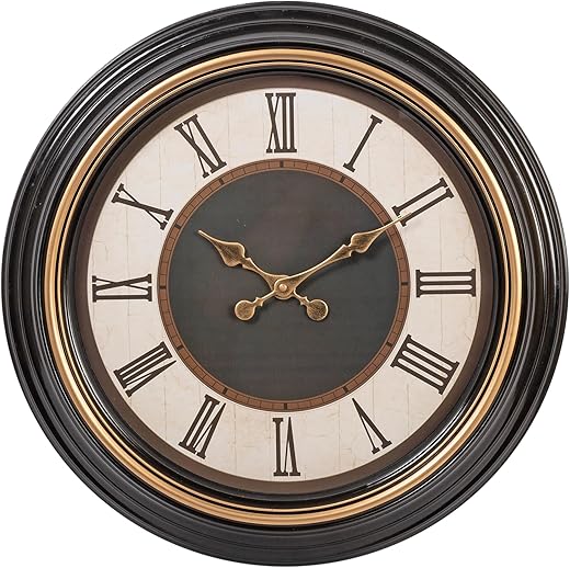 Kiera Grace Wall Clock, 20 Inch, Everett Black & Brushed Copper Bezel Wall Clocks Battery Operated, Silent Vintage Roman Numeral Farmhouse Decor for Living Room, Kitchen, Bathroom