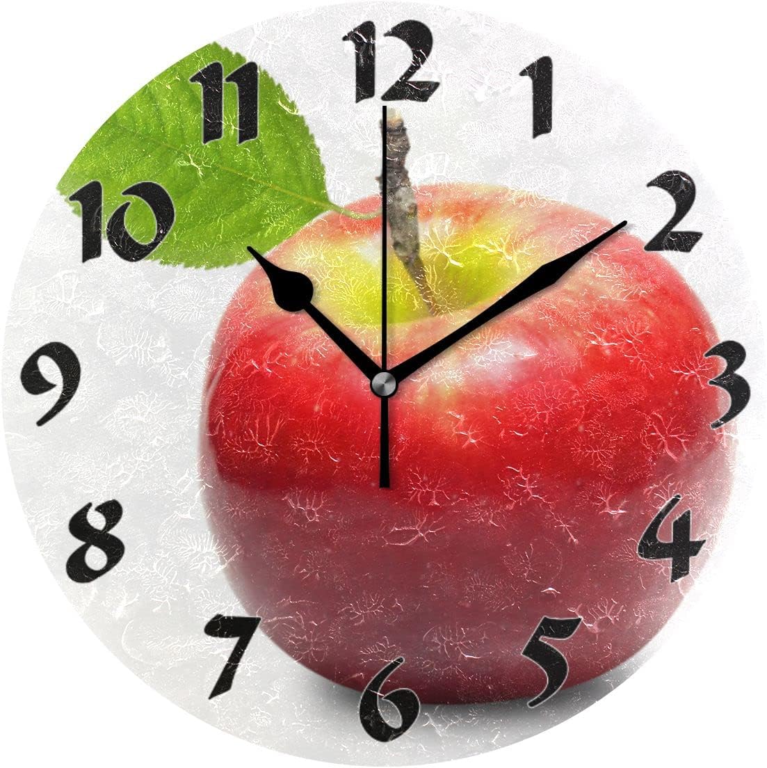 Kigai Fresh Red Apples Round Wall Clock Silent Non Ticking Battery Operated Decorative for Kitchen Living Room Bedroom Office 10 in