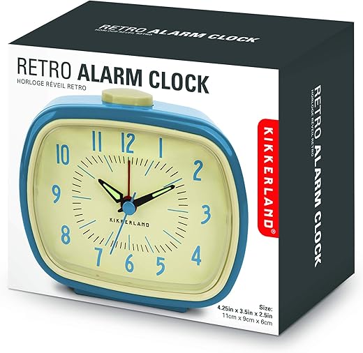 Kikkerland Battery Operated Retro Vintage Alarm Clock, Desktop Nightstand Bedside Office Alarm Clock, Beeping Alarm, Glow in Dark Hands, Blue