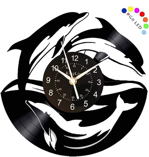 KingLive Black Record LED Clock Art Dolphin Wall Clock 12 inches Vinyl Record Art Wall Decor Clock Black Modern Decoration Wall Clock Home Office Kids Bedroom Wall Creative Gifts