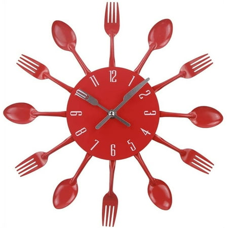 Kitchen Cutlery Wall Clock with Forks and Spoons for Home Decor - Red