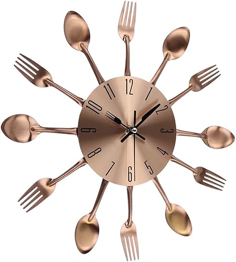 Kitchen Metal Copper Wall Clocks with Spoons and Forks 3D Removable Modern Creative Cutlery Kitchen Spoon Fork Wall Clock for Great Home Decor and Nice Gifts (Copper-33CM)