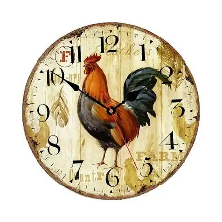 Kitchen Wall Clock 12 Inch Rustic Rooster Silent Non Ticking Wall Clock Quartz Battery Operated Round Wall Clock